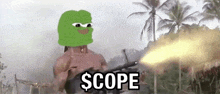 a man with a frog on his head is holding a gun and saying `` $ cope '' .