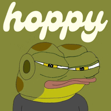 a picture of a frog with the word hoppy in white letters