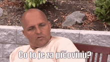 a bald man is sitting on a bench with the words co to je za picovniu