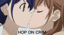 a couple of anime girls kissing with the words hop on crim below them