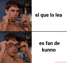 a shirtless man adjusts his glasses with the caption el que lo lea es fan de kunno