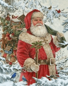 a painting of santa claus carrying a sack of gifts