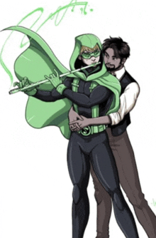 a man in a green cape holds a flute while standing next to another man