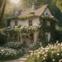 a white house surrounded by flowers and ivy