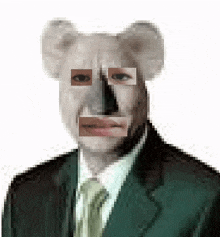 a pixelated portrait of a man in a suit and tie with a bear mask on his face