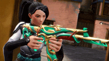 a video game character is holding a green and gold weapon