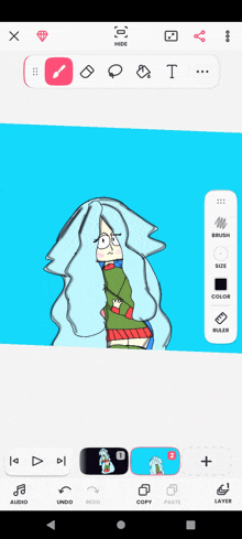 a drawing of a girl with long white hair is being created on a phone