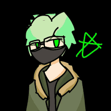 a drawing of a person with green hair wearing glasses