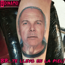 a tattoo of a man 's face with the words bb te llevo en la piel below it