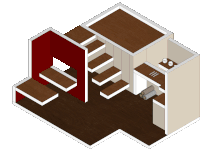 an isometric drawing of a room with stairs and a wall