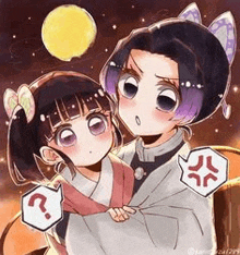 a couple of anime characters standing next to each other with a moon in the background .