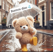 a teddy bear holding an umbrella with the words buenos dias on it