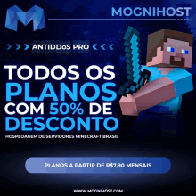 an advertisement for mognihost shows a minecraft character holding a diamond pickaxe