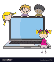 a group of children standing around a laptop computer