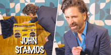 a man in a suit is playing a boombox with the name john stamos on the bottom