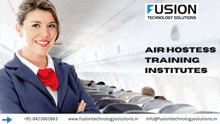 an advertisement for fusion technology solutions shows a smiling flight attendant