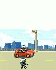 a pixel art drawing of a skeleton driving a car