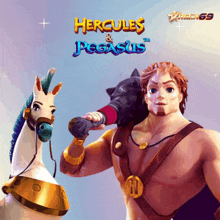 a poster for hercules and pegasus shows a man holding a spear next to a unicorn