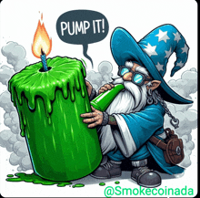 a cartoon of a wizard holding a green candle that says pump it on it