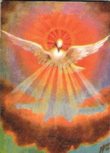 a painting of a bird flying in the sky with rays of light coming out of its wings .