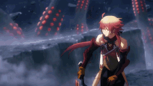 a girl with red hair is holding a sword in her hand