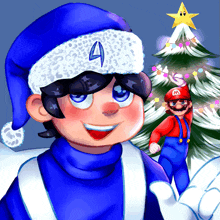 a cartoon drawing of a boy wearing a santa hat with the number 4 on it