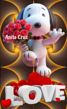 snoopy is holding a bouquet of red roses in front of a love sign