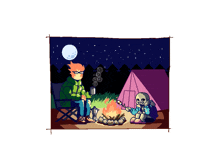 a cartoon drawing of a man and a skeleton roasting marshmallows at a campfire