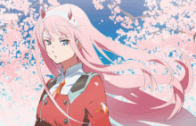 a girl with long pink hair and horns is standing in front of a cherry blossom tree