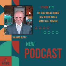 a man in a suit and tie is on the cover of a podcast