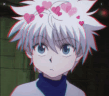 a boy with white hair and pink hearts on his head is a hunter x hunter character .