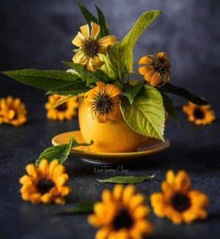 a yellow cup filled with yellow flowers and green leaves on a saucer surrounded by yellow flowers .