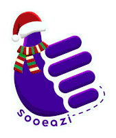 a purple eggplant wearing a santa hat and scarf with the words sooeazi written below it