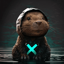 a cartoon otter wearing a hood and holding a blue x