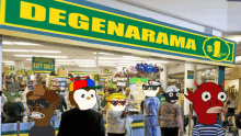 a group of cartoon characters are standing in front of a degenarama store