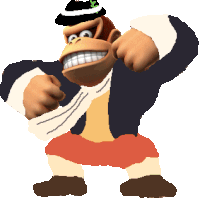 a cartoon monkey wearing a hat and a skirt is flexing his muscles