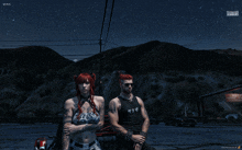 a man and a woman are standing next to each other in front of a mountain in a video game