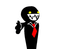 a cartoon of a man in a suit and tie with yellow eyes