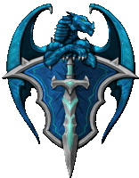 a blue dragon holding a sword on top of a shield