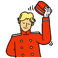 a cartoon drawing of a man in a red jacket holding a red hat over his head .