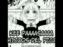 a black and white drawing of a girl with her arms outstretched and the words hijoos del pico written on it .