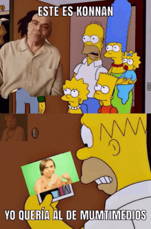 a cartoon of homer simpson holding a picture of an older man with the caption " este es konan "