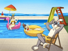 a cartoon of bugs bunny sitting in a chair next to a pool with a woman on a flamingo float