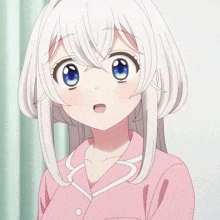 a girl with white hair and blue eyes is wearing a pink pajamas