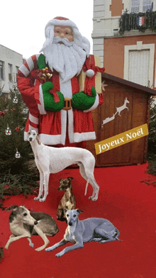 a statue of santa claus is surrounded by dogs and says joyeux noel