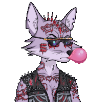 a cartoon drawing of a fox wearing spikes and sunglasses blowing bubble gum