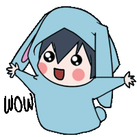 a cartoon drawing of a person wearing a blue bunny costume with the word wow written below it