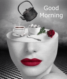 a woman with red lips has a cup of coffee and a teapot on her head ..