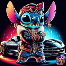 a cartoon of stitch wearing a bandana and sunglasses standing in front of a car