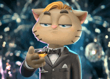 a cartoon cat wearing a tuxedo and bow tie holds a glass of wine